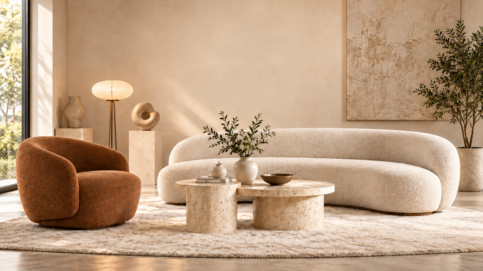 Curved ivory sofa and caramel armchair with travertine tables in a softly lit modern living room